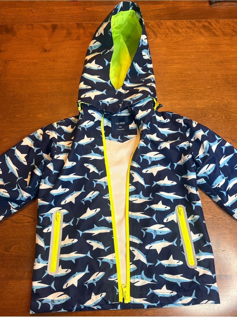 Navy Shark Print Kids Rain Jacket with Neon Yellow Trim